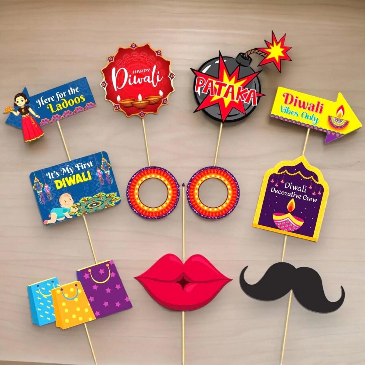 10 Pcs Happy Diwali Photo Booth Props Kit Festival of Lights Celebration Props for Photoshoot Deepawali Party Picture Selfie Stick Props Indian Themed Party Supplies